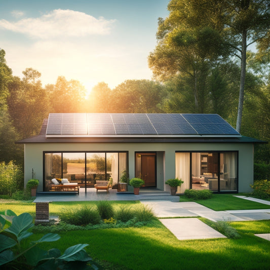 A serene suburban scene: A modern home with sleek solar panels on its roof, surrounded by lush greenery, with a subtle sun symbol above, radiating confidence and protection.