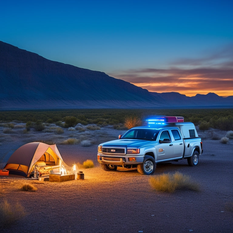 A serene nighttime campsite scene with a pickup truck, its bed converted into a cozy sleeping quarters, illuminated by soft LED lights, with a portable power station and solar panels nearby.