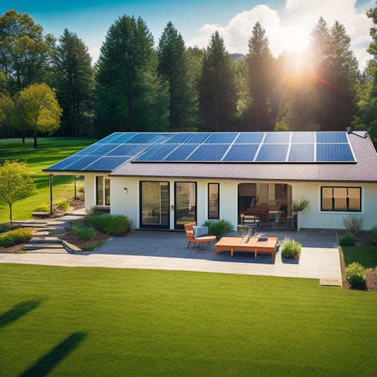 A sunny backyard with a modern single-story house, solar panels installed on the roof, and a few solar panels laid out on the grass, with a subtle grid pattern in the background.