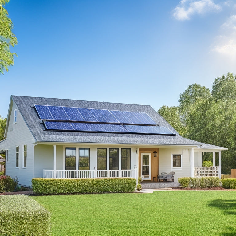 A serene suburban home with a sleek, modern solar panel system installed on its rooftop, surrounded by lush greenery and a bright blue sky with a few puffy white clouds.