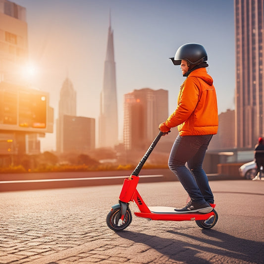 An illustration of a person wearing a helmet, knee pads, and elbow pads, riding an electric scooter on a sunny day, with a blurred cityscape background and a red traffic cone nearby.