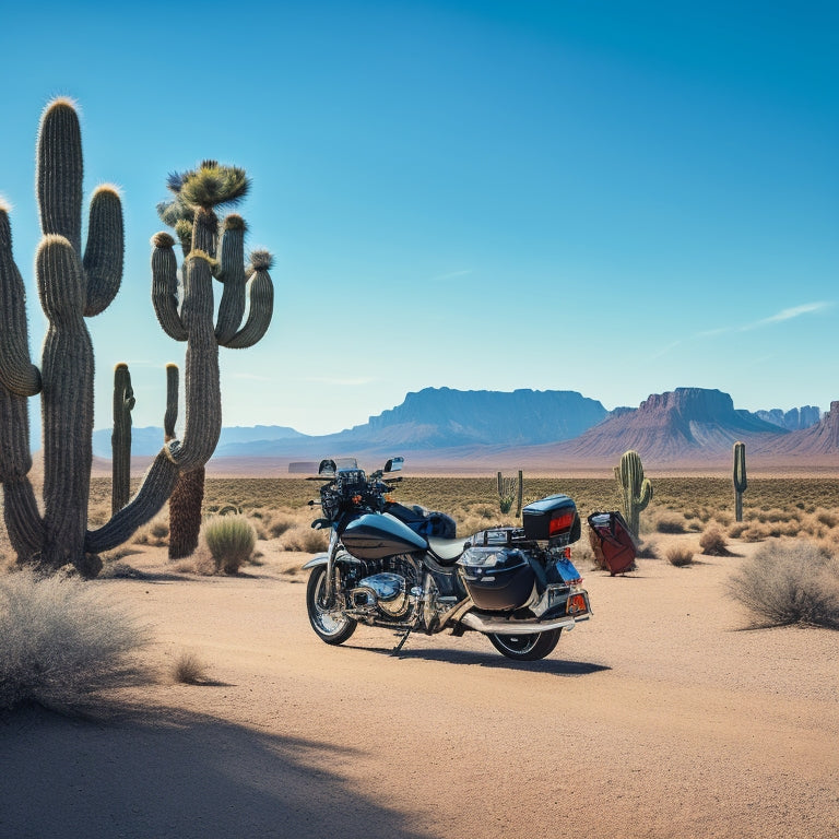 A serene desert landscape with a parked motorcycle, its saddlebags equipped with sleek, black solar panels, angled to absorb the bright sunlight, surrounded by sparse cacti and a vast, clear blue sky.