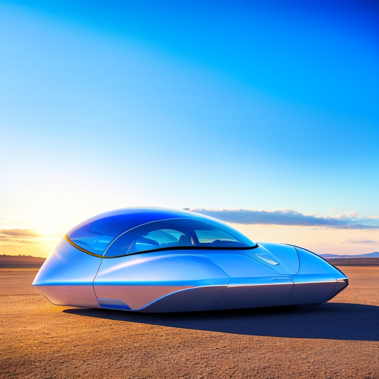 A futuristic, sleek, silver solar car with gull-wing doors open, revealing a high-tech battery system with glowing blue circuits, against a bright blue sky with fluffy white clouds.