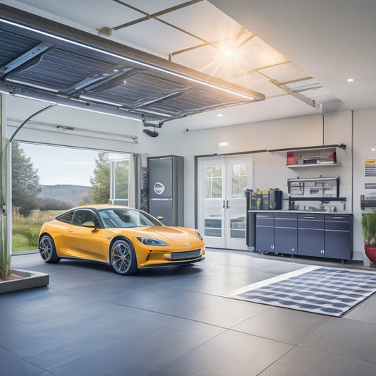 A bright, modern garage with a sleek electric vehicle in the center, surrounded by neatly organized tools and a large, spotless solar panel on the wall, with sunlight streaming in through a window.