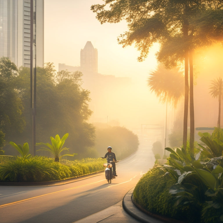 A serene cityscape at dawn, featuring a lone rider effortlessly gliding on a sleek, eco-friendly electric moped, surrounded by lush greenery and minimalist urban architecture.