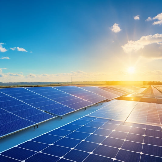 A futuristic, sleek, and modern illustration of a rooftop with various solar panels from different manufacturers, each with a unique design and layout, amidst a bright blue sky with a few fluffy white clouds.