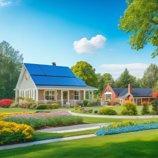 A serene suburban landscape with a single-story house, solar panels on the roof, and a bright blue sky with a few white, puffy clouds, surrounded by lush green trees and a blooming garden.