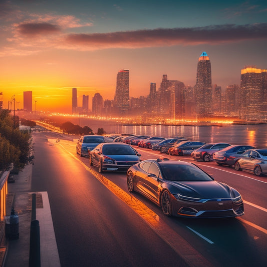 A futuristic cityscape at dusk, with sleek, electric vehicles parked along the road, their headlights glowing softly, and rows of rechargeable car battery packs stacked in the foreground, illuminated by a warm, golden light.