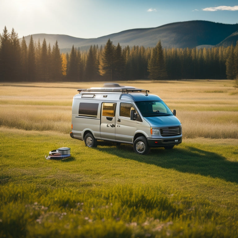 A serene, sun-drenched camper van parked in a lush meadow, with three different solar panel setups on the roof, each with varying sizes, angles, and mounting systems.