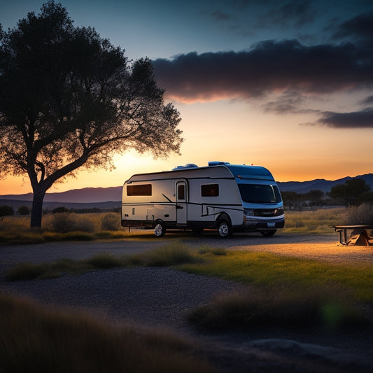 A serene campsite at dusk with a sleek RV in the foreground, its roof adorned with solar panels, and a subtle glimpse of a battery compartment with wires and terminals.