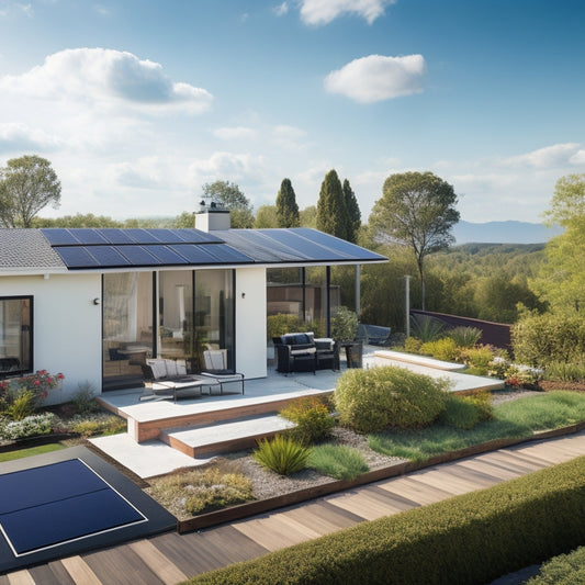 A serene, sunny backyard with a modern, sloping rooftop covered in sleek, black solar panels, surrounded by lush greenery and a few fluffy white clouds in a bright blue sky.