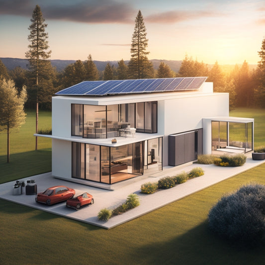 A futuristic illustration of a modern home with a sleek, minimalist design, featuring a prominent display of various energy storage systems, including batteries and solar panels, in a clean and organized layout.