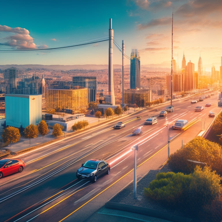 An illustration of a modern cityscape with a prominent EV charging station at its center, surrounded by icons of batteries, cables, and electric vehicles, amidst a network of roads and buildings.