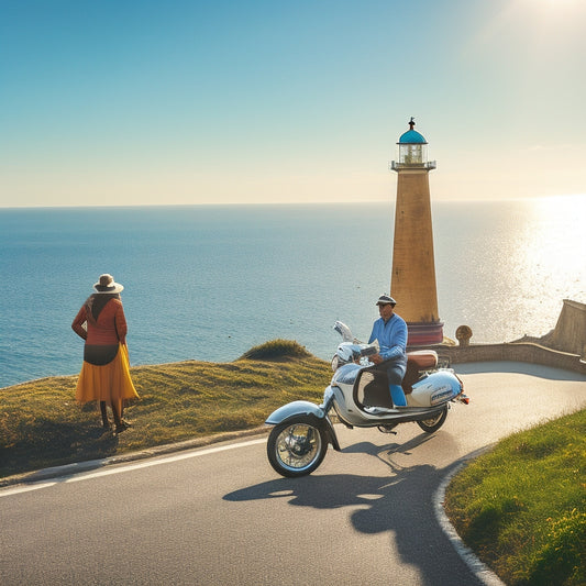 A sunny day scene with a moped parked in front of a scenic coastal town, with a few people walking or biking in the background, and a winding road leading to a distant lighthouse.