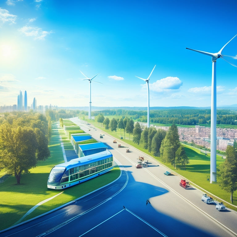 An aerial illustration of a futuristic city with sleek, electric buses and trams, verdant parks, and bicycle lanes, surrounded by wind turbines and solar panels, under a bright blue sky.