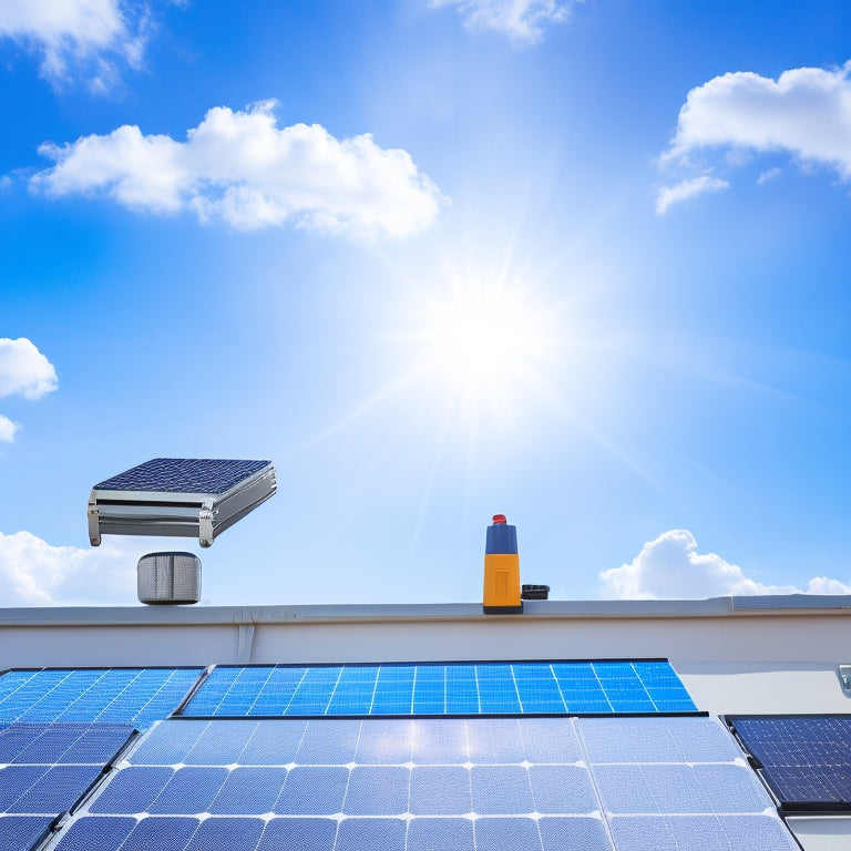 A bright blue sky with fluffy white clouds, a rooftop with a neat array of shiny black solar panels, and a toolbox with a few scattered tools in the foreground.