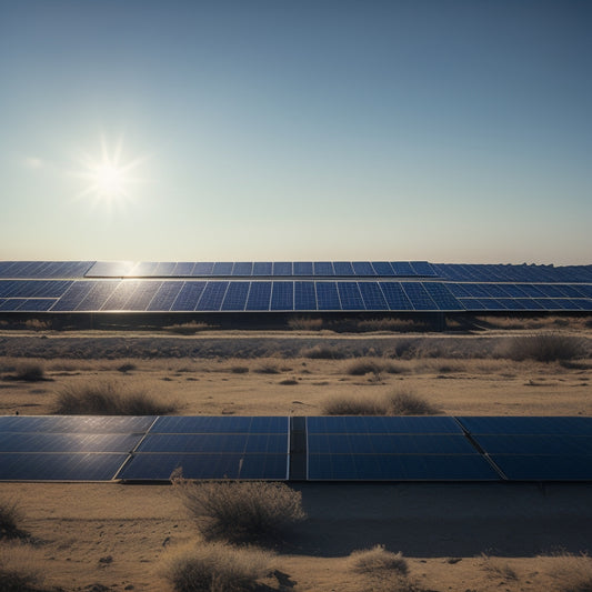 A serene landscape with a row of sleek, black solar panels at an angle, with one panel slightly dirty, dusty, and worn, while the others shine clean and bright under a clear blue sky.