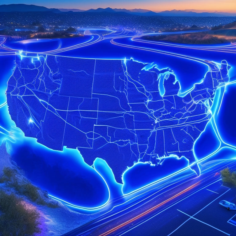 An illustration of a stylized American map with electric vehicle charging points marked by glowing blue circles, connected by a network of roads and highways.