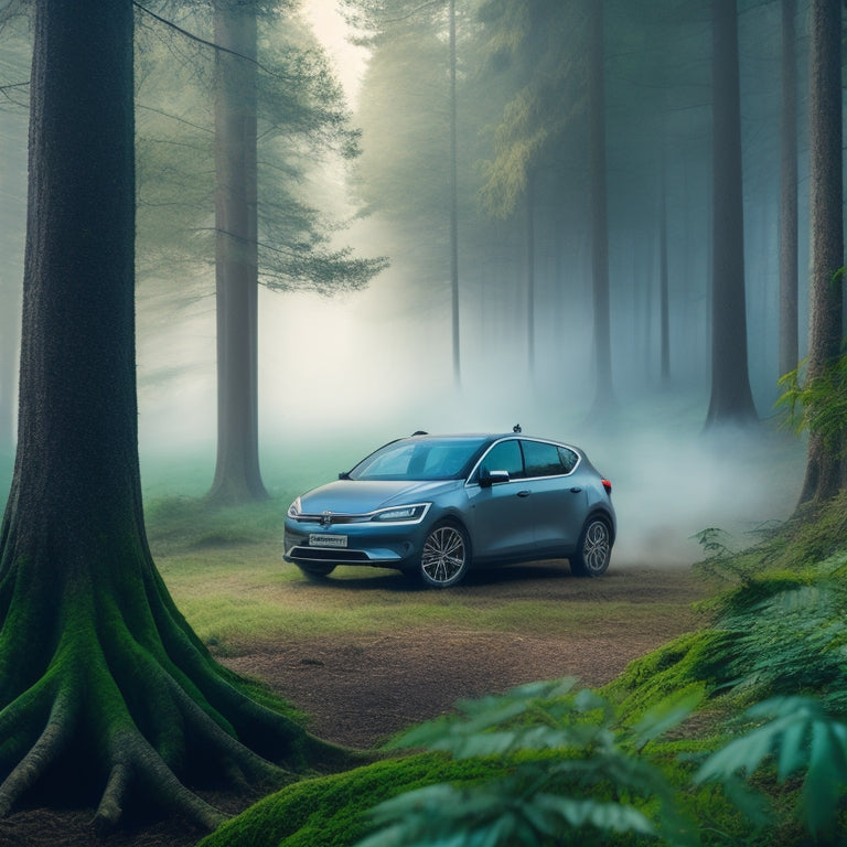 A serene, misty forest background with a sleek, electric vehicle parked in the center, surrounded by eco-friendly vehicle accessories, such as bamboo steering wheel covers and recycled tire valve caps.