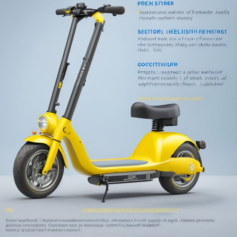 An illustration of an e-scooter with highlighted safety features: a helmeted rider, bright rear and front lights, wide tires, a sturdy kickstand, and a visible battery indicator.