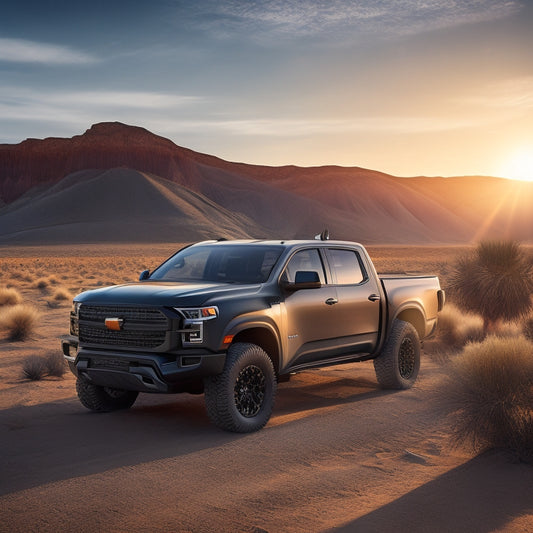 An illustration of a rugged, matte-black pickup truck parked in a desert landscape with a sleek, silver solar panel system mounted on its roof, with sunbeams and shadows accentuating its curves.