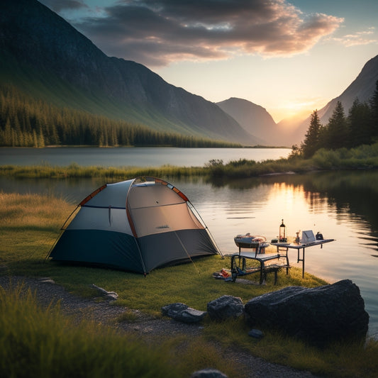 A serene camping scene at sunset with a portable solar panel setup in the foreground, surrounded by lush greenery, a tent, and a few camping gear, set against a backdrop of mountains and a lake.