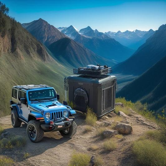 A rugged, dusty Jeep Wrangler parked on a scenic mountain trail, with a portable power station and various gadgets plugged in, surrounded by lush greenery and a sunny blue sky.