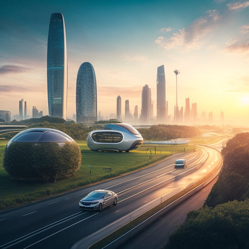 A futuristic cityscape at dusk, featuring a diverse range of eco-friendly vehicles, including sleek electric cars, hydrogen fuel cell buses, and hybrid bicycles, set against a backdrop of lush greenery and wind turbines.