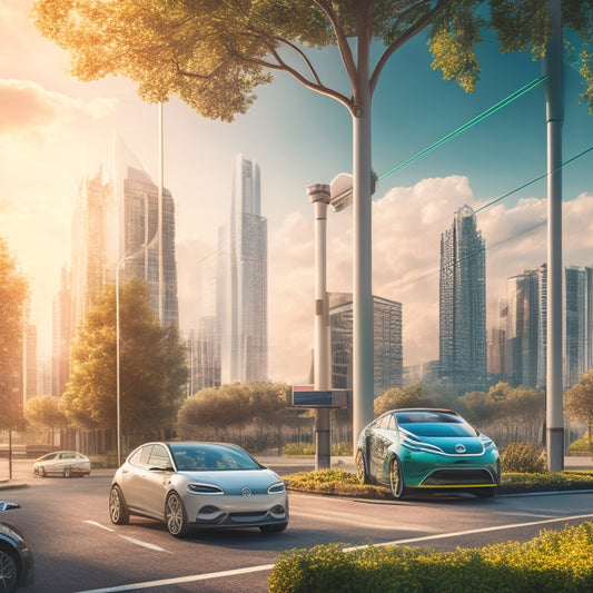 An illustration featuring a futuristic cityscape with sleek, modern electric vehicle charging stations, accompanied by bursts of greenery and a subtle grid of wires and circuits in the background.