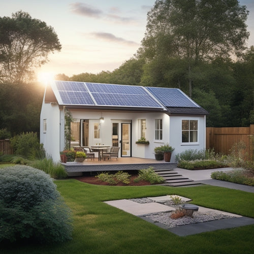 A serene backyard scene with a small, modern house featuring a rooftop solar panel array, surrounded by lush greenery and a few solar-powered outdoor lights, on a sunny day with fluffy white clouds.