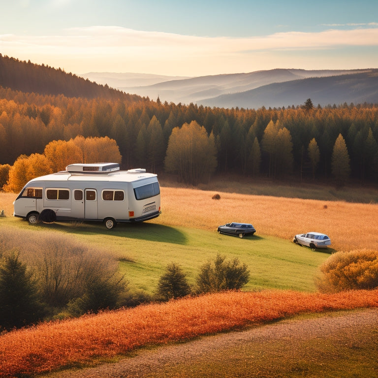 A serene landscape with a small, sleek camper van parked in the foreground, its roof adorned with a compact solar panel array, amidst a backdrop of rolling hills and a few scattered trees.