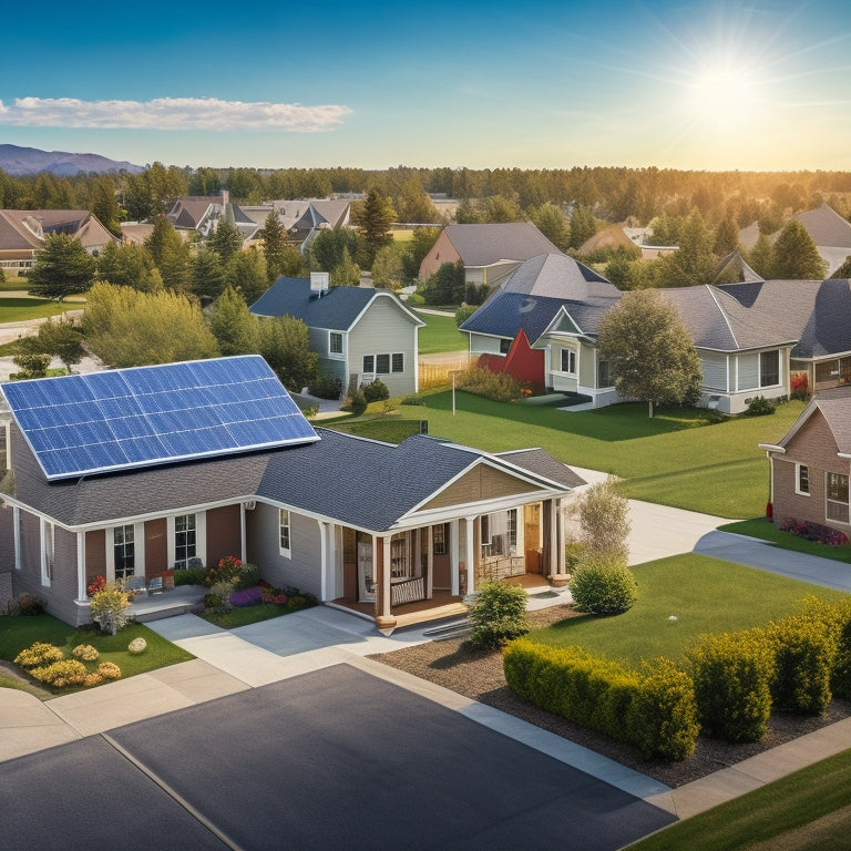 An illustration of a suburban neighborhood with various houses featuring different solar panel installation setups, showcasing different roof types, panel sizes, and mounting systems.