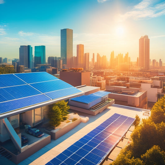 An illustration of a cityscape with sleek, modern buildings and rooftops covered in solar panels, with bright blue skies and white, puffy clouds, and a subtle sun shining down.