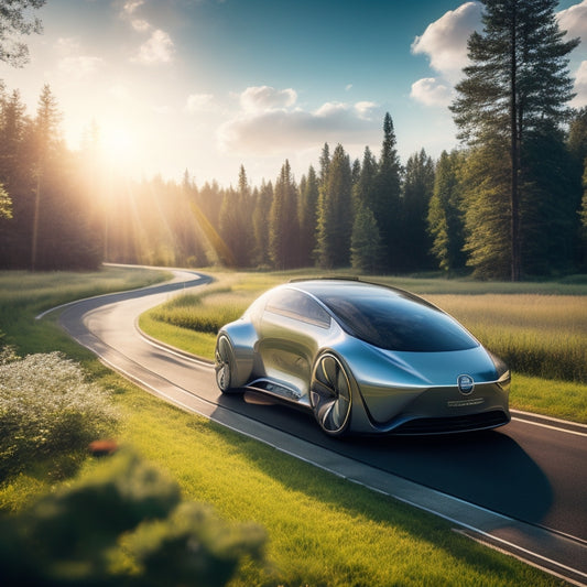 A futuristic, sleek, silver car with solar panels seamlessly integrated onto its hood and roof, driving on a winding road surrounded by lush greenery and a bright blue sky.