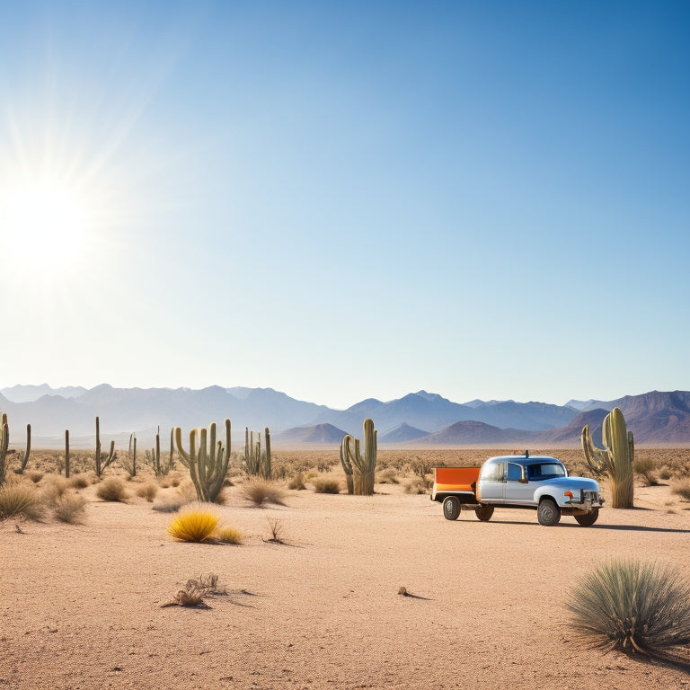 A serene desert landscape with a parked truck, its bed-mounted solar panels angled to capture the sun's rays, surrounded by sparse cacti and a vast, cloudless blue sky.