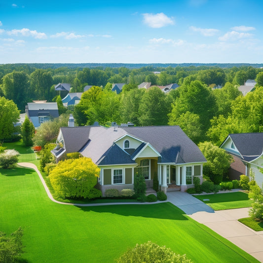 A serene suburban neighborhood with various houses, some with solar panels installed on their rooftops, surrounded by lush green trees and a bright blue sky with a few puffy white clouds.