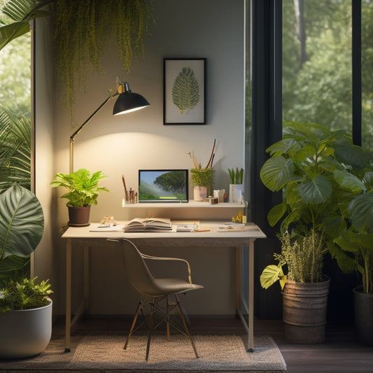 A serene, well-lit creative space with a minimalist desk, surrounded by lush greenery, featuring a sleek, compact solar-powered storage unit with a subtle LED glow, amidst scattered art supplies and inspirational quotes.