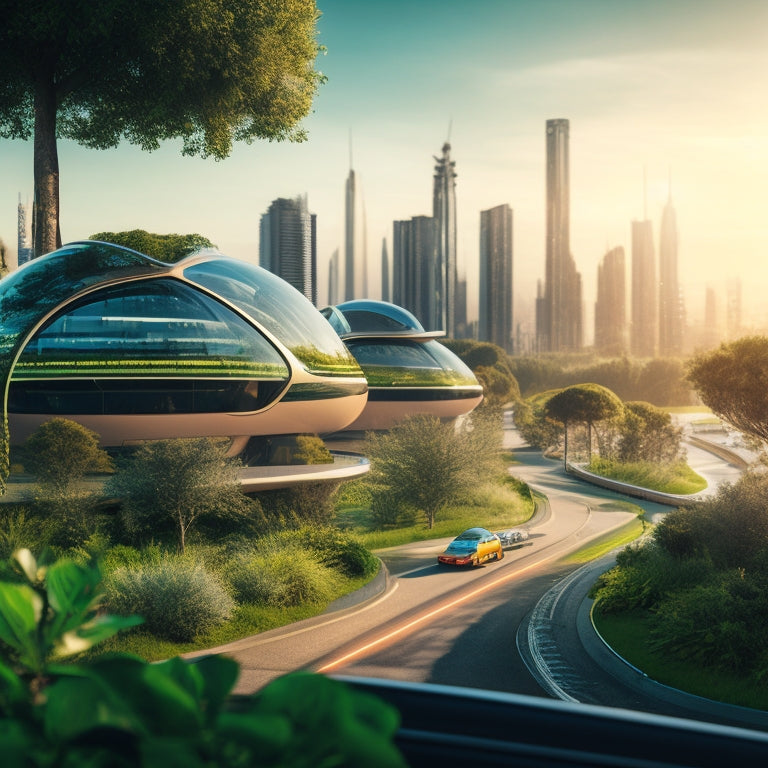 An illustration of a futuristic cityscape with sleek, eco-friendly buildings, electric vehicles, and hyperloops, surrounded by lush greenery, with a subtle glow of sustainability and innovation.