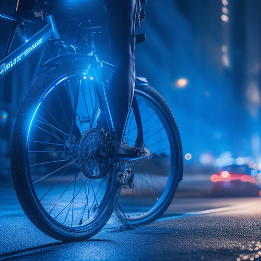 A close-up of a e-bike wheel with glowing blue brake pads, surrounded by sparks and electric arcs, set against a dark urban cityscape at dusk, with a blurred cyclist in the background.