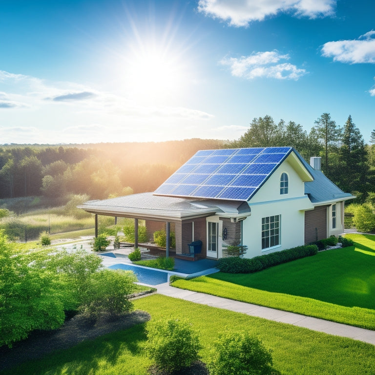 A serene landscape with a modern suburban home in the center, surrounded by lush greenery, with a prominent solar panel installation on the roof, set against a bright blue sky with a few puffy white clouds.