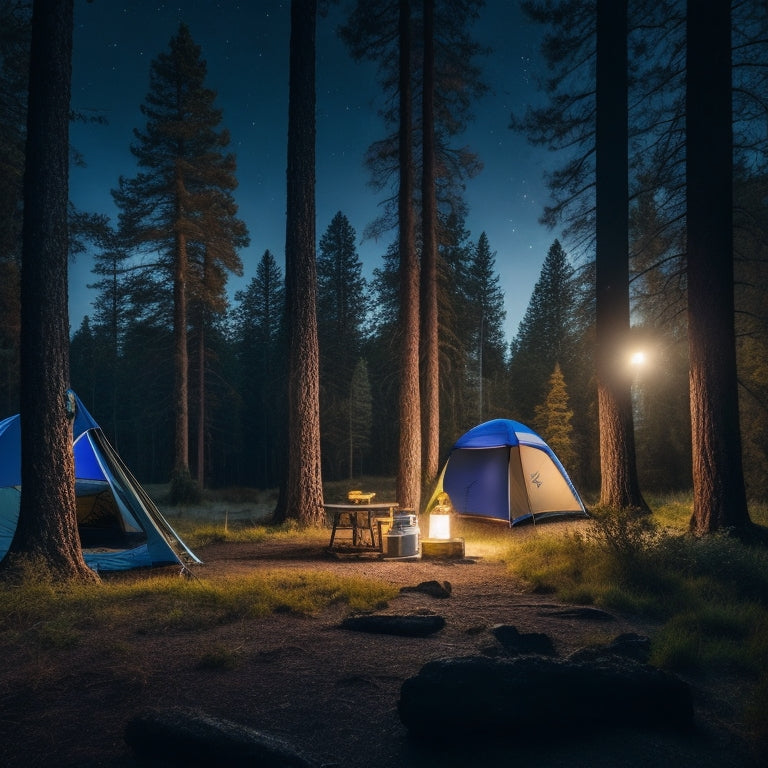 Generate an image depicting a serene forest campsite at dusk, with a portable solar panel propped against a tree, surrounded by camping gear and a partially set-up tent, under a starry night sky.