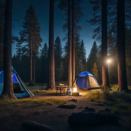 Generate an image depicting a serene forest campsite at dusk, with a portable solar panel propped against a tree, surrounded by camping gear and a partially set-up tent, under a starry night sky.