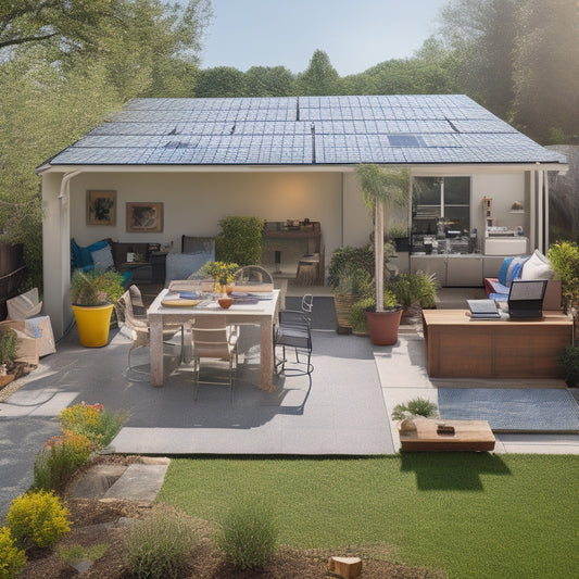 A sunny backyard with a roof featuring a partially installed solar panel system, surrounded by scattered laptops and tablets displaying online marketplaces, with a magnifying glass hovering above a laptop screen.