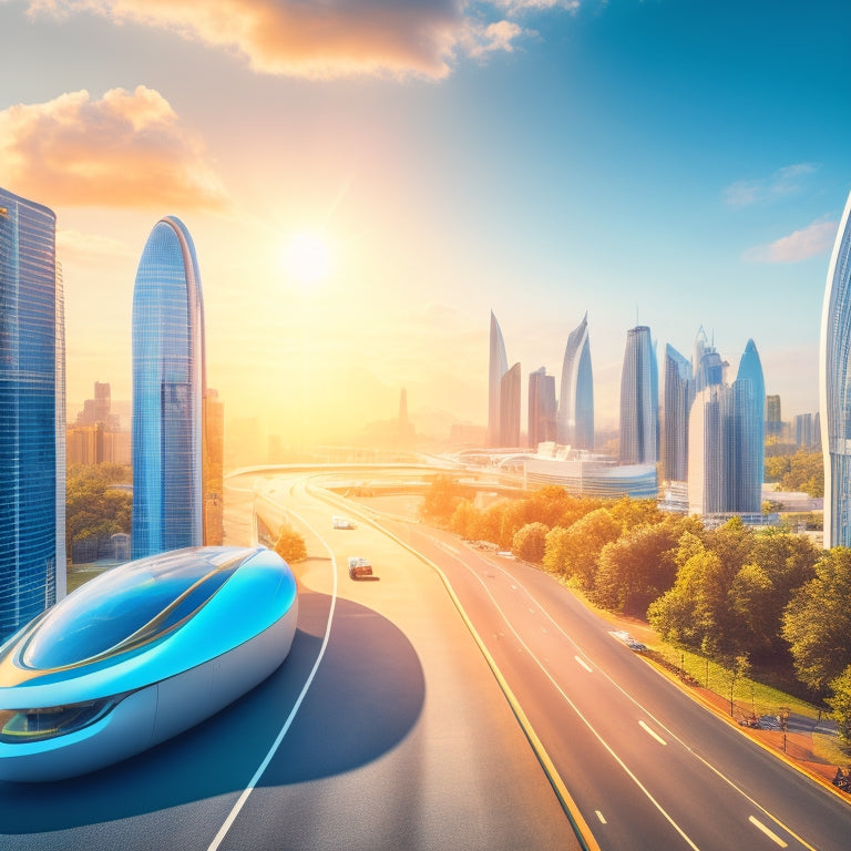 A futuristic cityscape with sleek, curved skyscrapers, green roofs, and winding roads lined with electric vehicle charging stations, beneath a bright blue sky with a few wispy clouds.