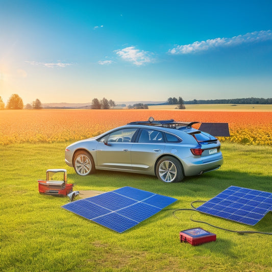 An illustration of a solar-powered car parked in a sunny meadow, with a faint grid of solar panels in the background, and a few tools scattered around the car, including a multimeter and wrench.