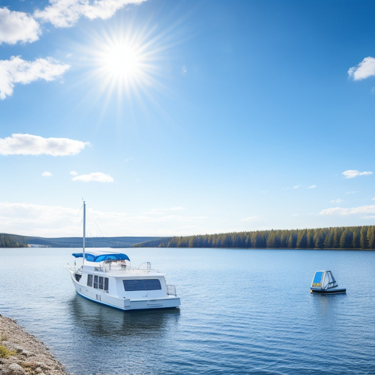 A serene lakeside scene with a sailboat and RV in the background, featuring a close-up of a solar panel kit with various components and cables, set against a bright blue sky with fluffy white clouds.