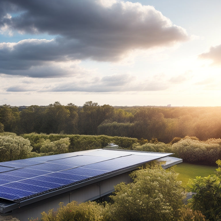 A serene landscape with a modern, sleek, and silver solar panel installation on a rooftop, surrounded by lush greenery, with a subtle sun shining down, amidst fluffy white clouds.