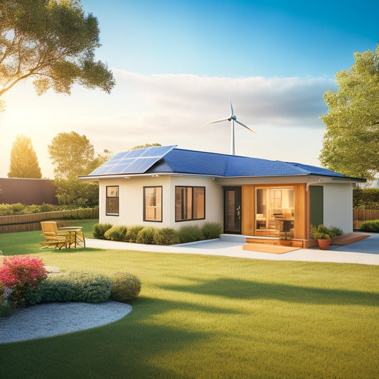 Illustrate a bright, sunny backyard with a small, modern, eco-friendly house in the background, featuring a prominent solar panel array on the roof and a wind turbine spinning gently in the foreground.