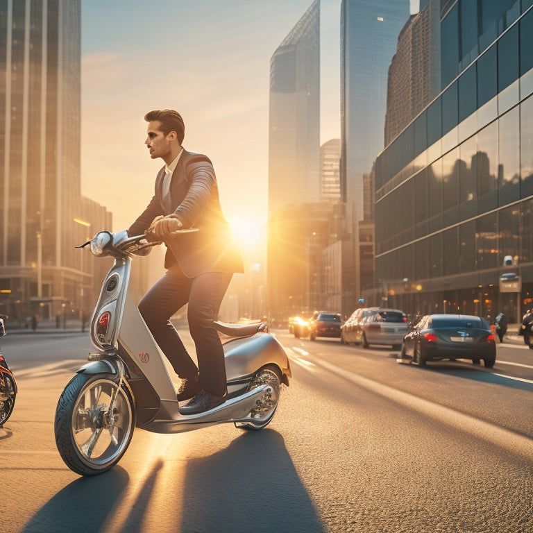 A bustling cityscape with a young adult riding a sleek, silver personal scooter, weaving through morning traffic, surrounded by towering skyscrapers and blurred cars, with a subtle sunrise glow.