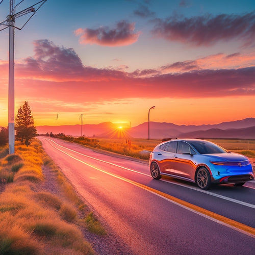 A scenic highway landscape at sunset with a sleek, modern electric vehicle in the foreground, plugged into a charger, surrounded by various types of chargers and cables.